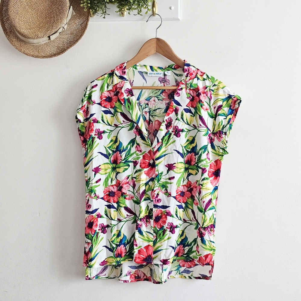 Kiwi Fresh Floral Rayon Blouse Medium Tropical Button Front Y2K Vintage Top